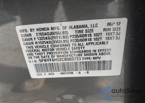 2012 Honda Pilot Ex-L from USA, damaged, VIN 5FNYF4H52CB065723
